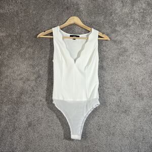 Lulus Women’s Sleeveless V-Neck White Bodysuit XS Stretch Knit One Piece Top